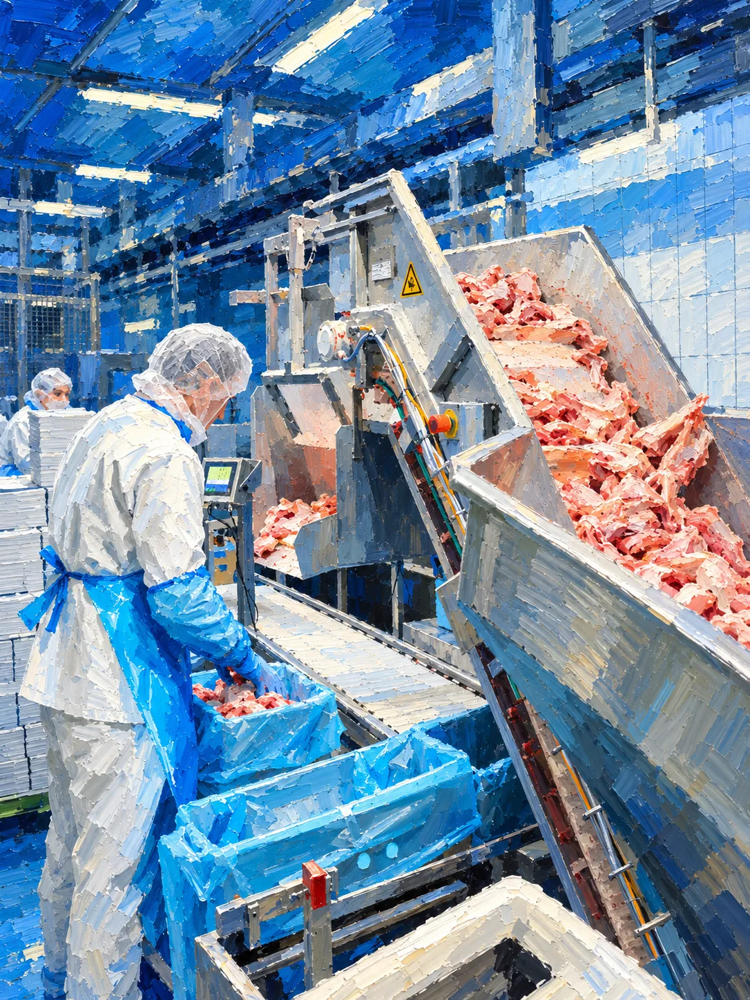 Painting of a meat-processing line: a worker in white coveralls and a hairnet sorts cuts into blue bins beside a conveyor.